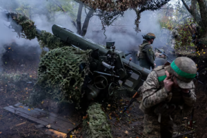 Ukrainian servicemen of Khartia brigade fire D-30 Howitzer towards Russian positions in Kharkiv region, Ukraine, Wednesday, Oct. 16, 2024. Photo: Alex Babenko/AP