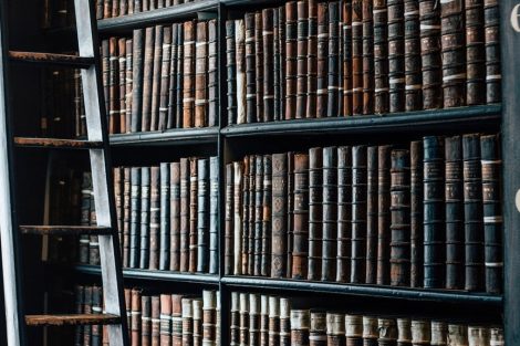 Estantería de una biblioteca antigua con volúmenes encuadernados.