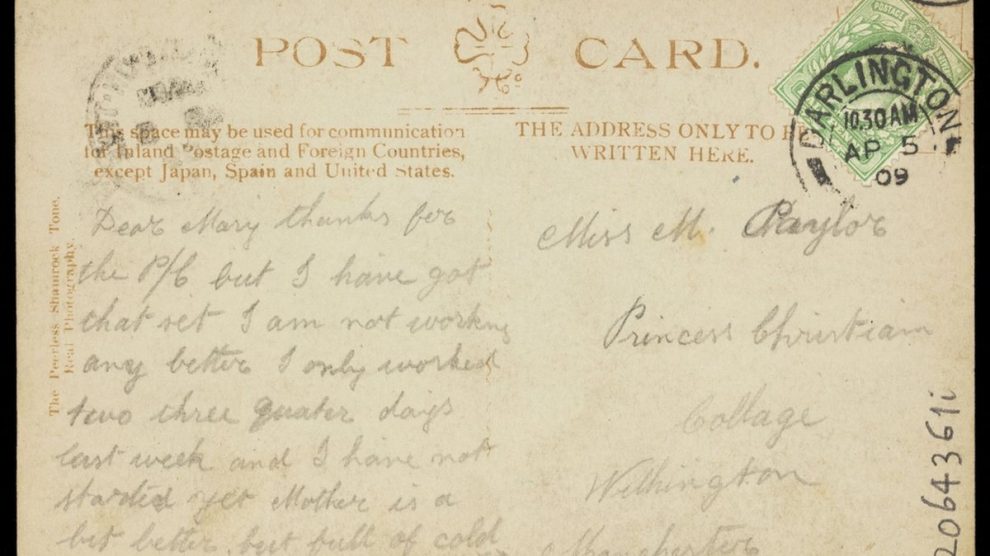 Reverso manuscrito de una postal británica circulada en 1909.