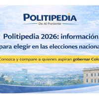 Banner de Politipedia 2026 de Al Poniente sobre elecciones nacionales en Colombia. Incluye imágenes del Capitolio Nacional y el Palacio de Nariño, un mapa de Colombia y el mensaje “Politipedia 2026: información para elegir en las elecciones nacionales”, invitando a conocer y comparar candidatos al Senado, Cámara y Presidencia.